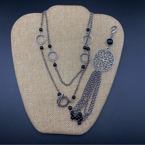 LIA SOPHIA Silver Tone Tassel Toggle Clasp Necklace Detachable Pendant Long - Picture 3 of 11